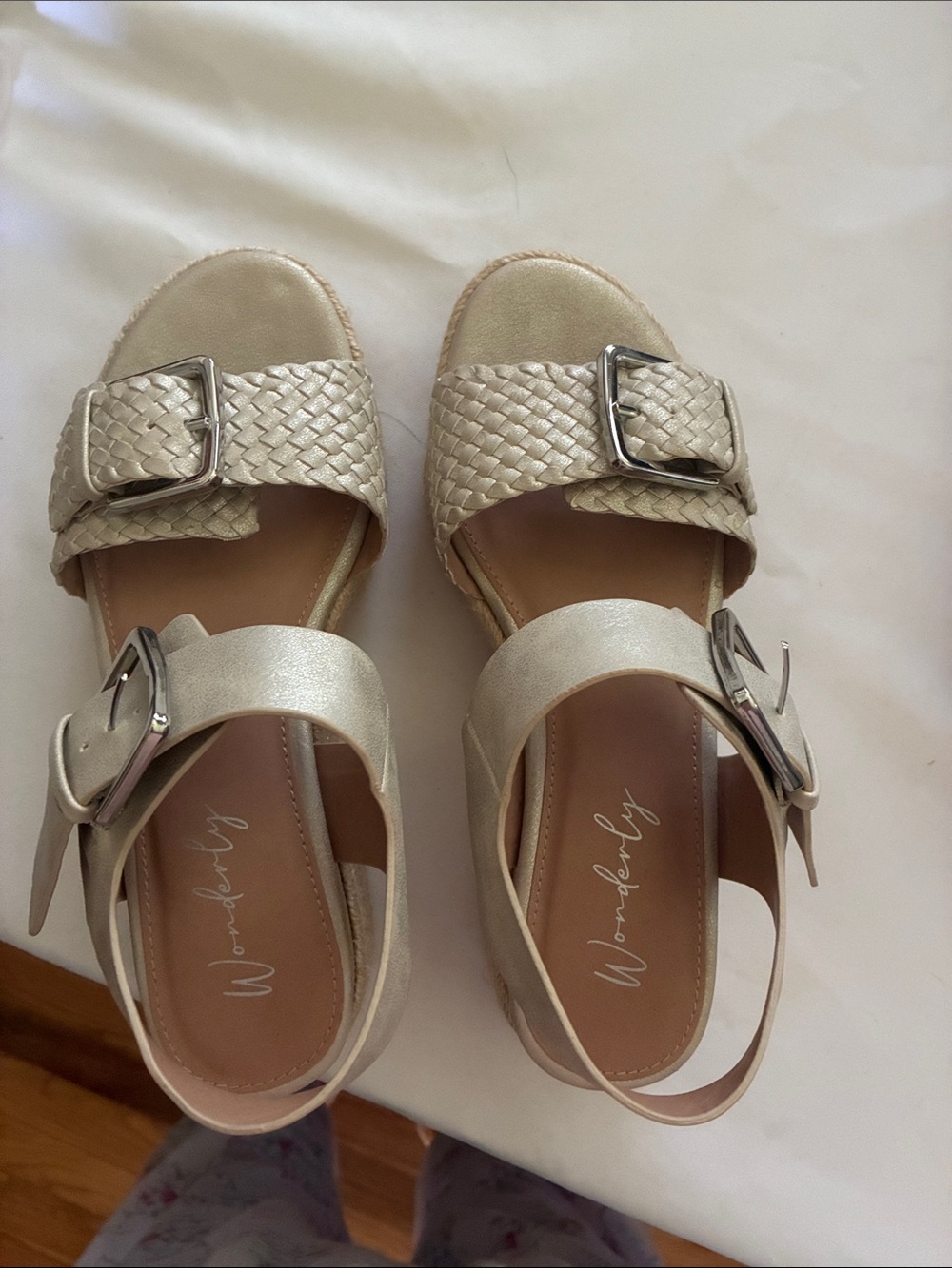 Wonderly Metallic Ivory Woven Buckle Sandals
